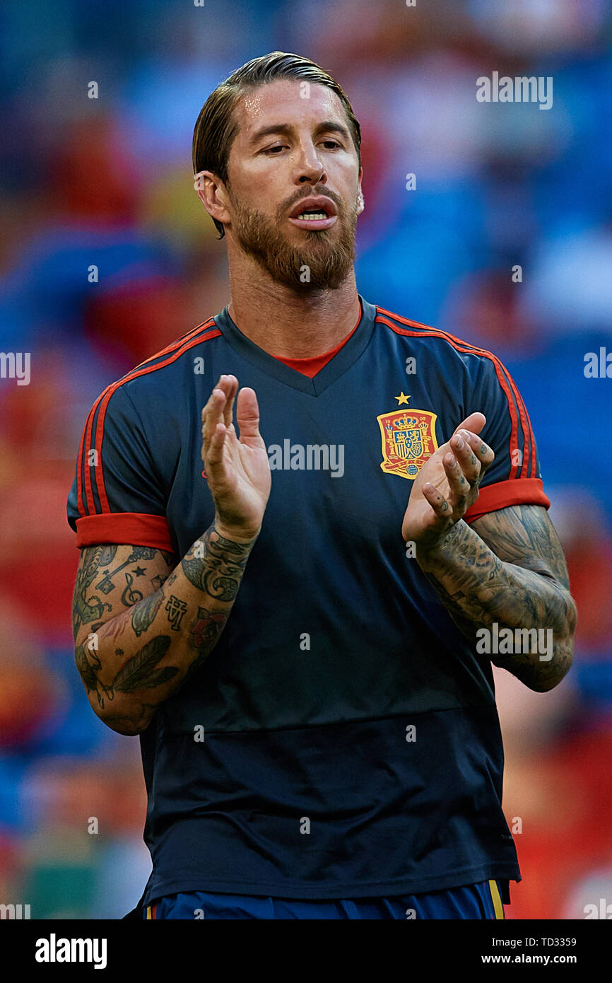 MADRID, ESPAGNE - 10 juin : Sergio Ramos d'Espagne réagit avant le match qualificatif de l'UEFA Euro 2020 entre l'Espagne et la Suède au Santiago Bernabeu le 10 juin 2019 à Madrid, Espagne. (Photo de David Aliaga/MO Media) Banque D'Images