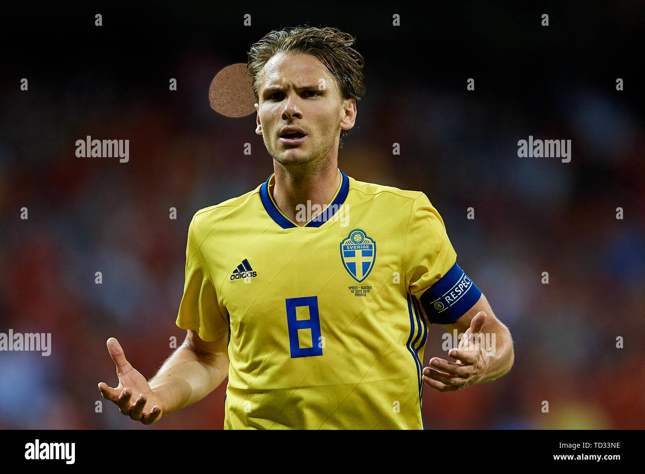 MADRID, ESPAGNE - 10 juin : Albin Ekdal réagit de la Suède au cours de l'UEFA Euro 2020 match de qualification entre l'Espagne et la Suède au Santiago Bernabeu le 10 juin 2019 à Madrid, Espagne. (Photo de David Aliaga/MO Media) Banque D'Images