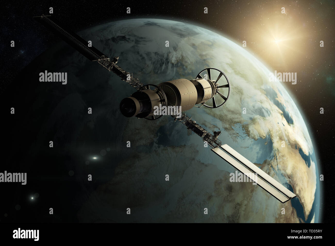 Le rendu 3D d'un satellite en orbite autour de la terre Banque D'Images