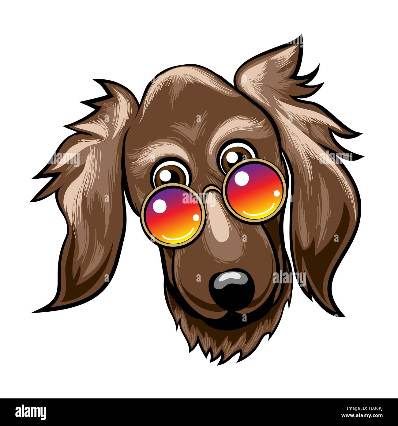 Cute funny Dog dessiné à la main dans la bouche des verres de couleur arc-en-ciel. Vector Illustration Illustration de Vecteur