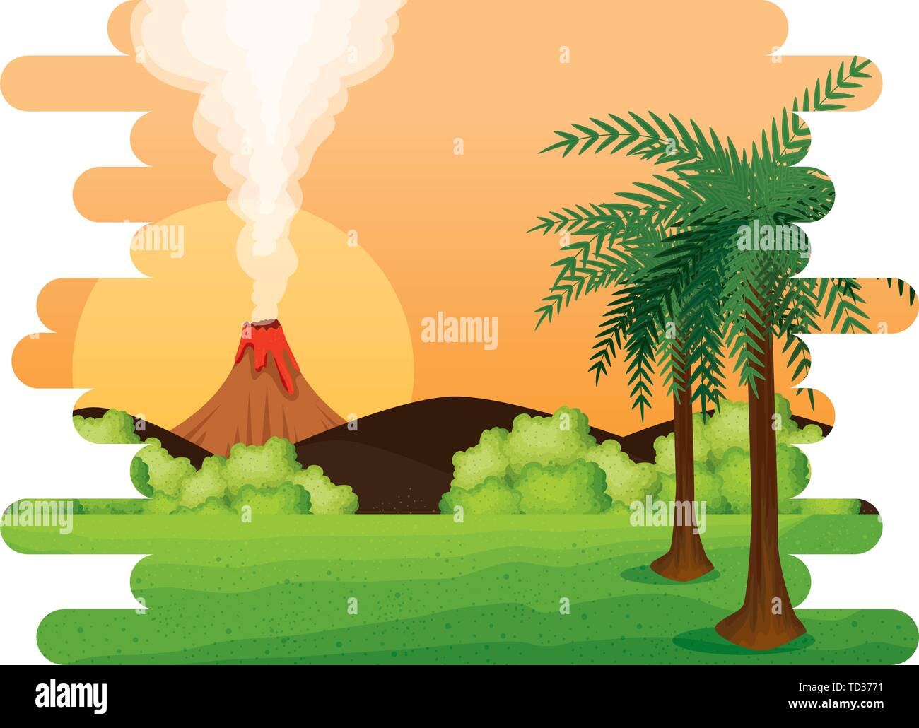 Paysage du jurassique avec scène volcan fumant Illustration de Vecteur