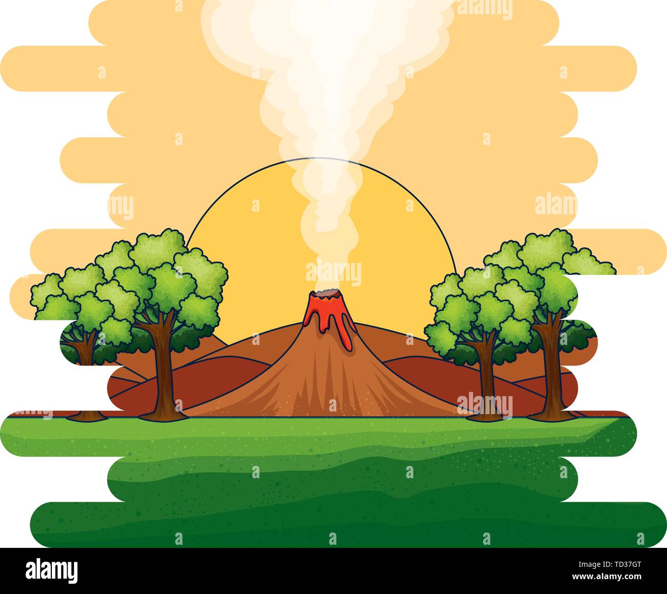 Paysage du jurassique avec scène volcan fumant Illustration de Vecteur