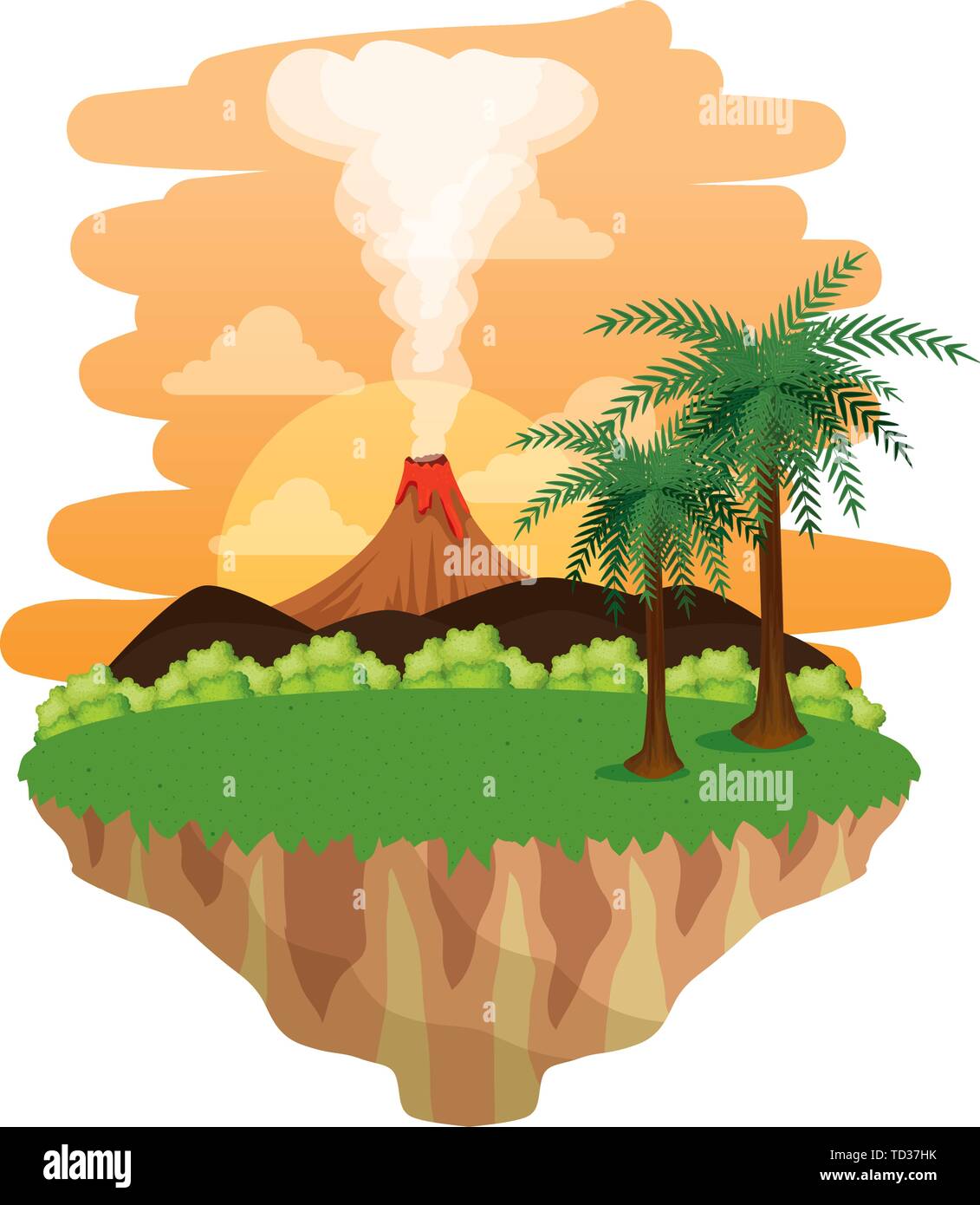 Paysage du jurassique avec scène volcan fumant Illustration de Vecteur