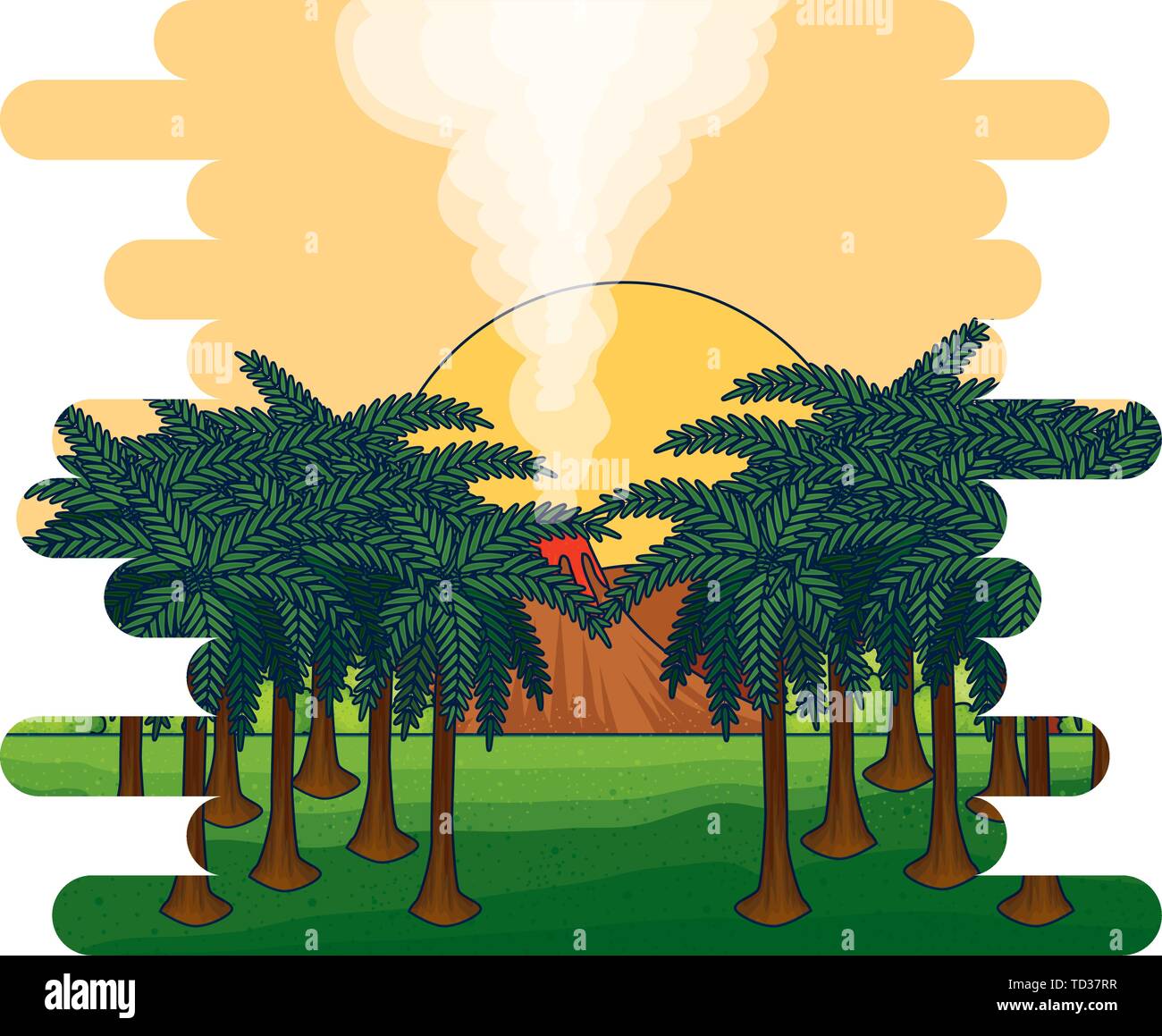 Paysage du jurassique avec scène volcan fumant Illustration de Vecteur