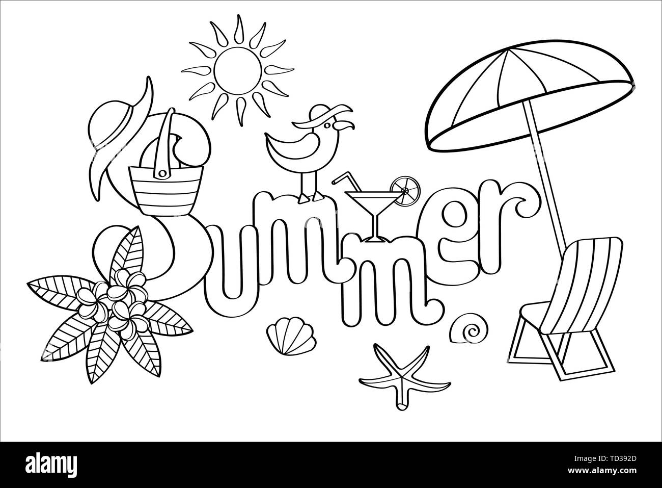 Hand drawn coloriage pour adultes et enfants sur le thème d'été : fleurs  tropicales, mouette, sac de plage, parasol, chaise longue, hat, jus,  étoiles Image Vectorielle Stock - Alamy
