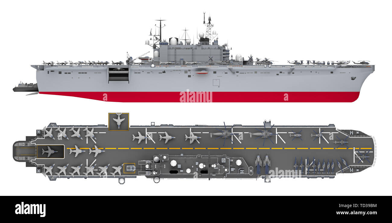 Côté porte-avions et Vue de dessus isolé sur blanc. Le rendu 3D Banque D'Images
