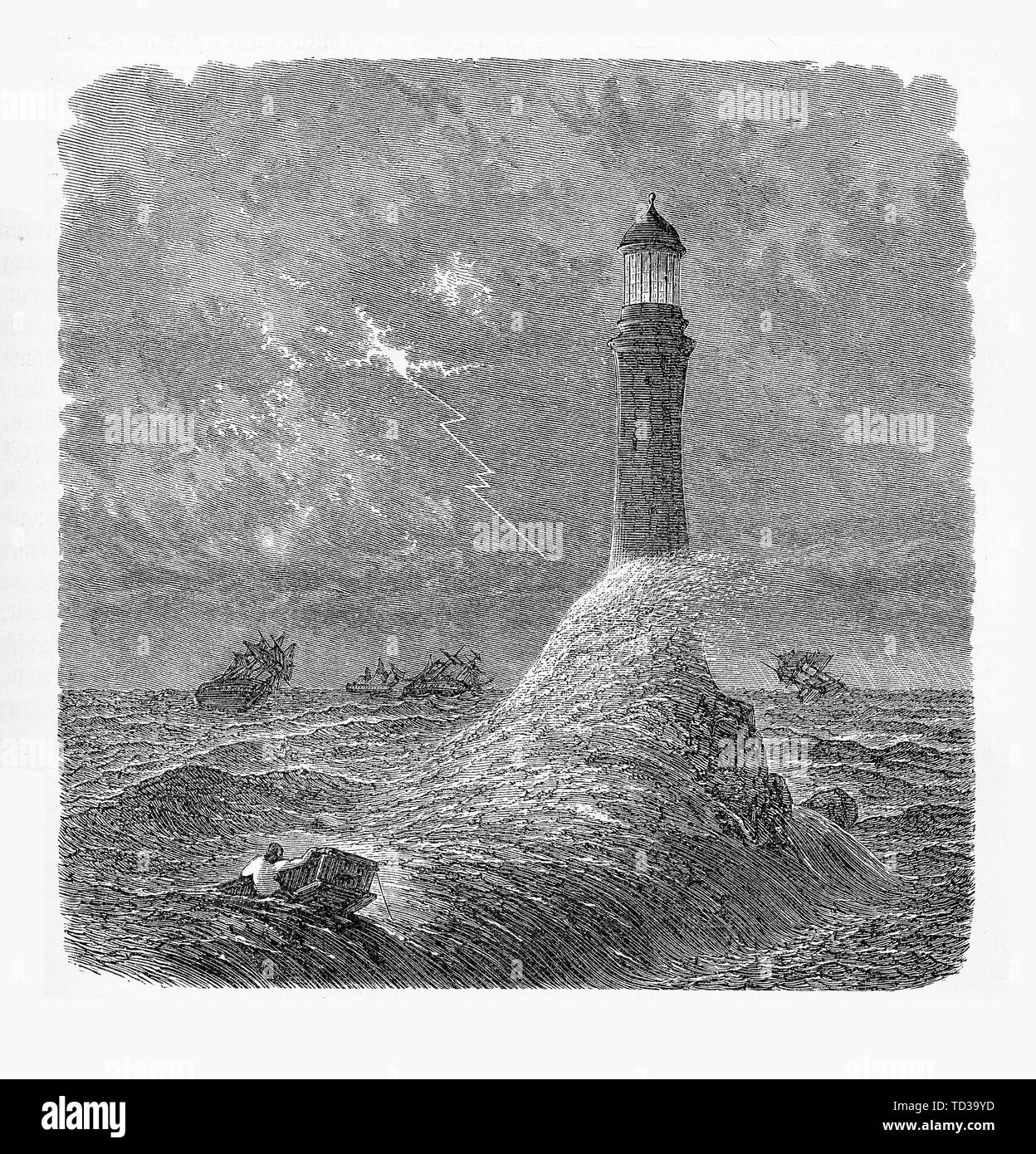 Vintage illustration phare d'Eddystone au cours d'une tempête, construit sur l'Eddystone Rocks 9 miles au sud de Cornwall et du Devon, Royaume-Uni Banque D'Images