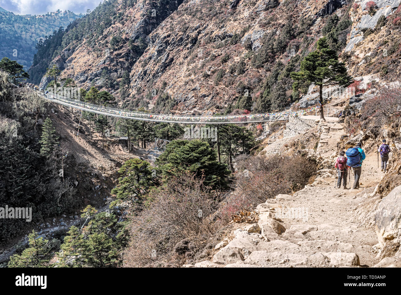 Les randonneurs de traverser le pont au-dessus de la rivière Imja Khola sur Everest Base Camp trek entre Pheriche et Namche Bazar au Népal. Banque D'Images