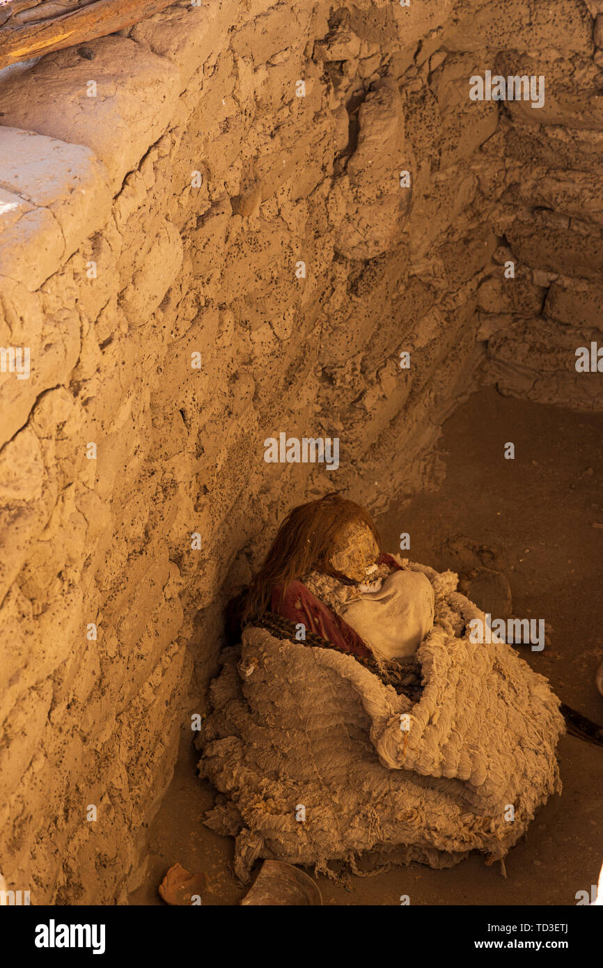 Reste dans le momifié Chauchilla Cemetery, Chincha et Ica sépulture près de tombes à Nazca, Pérou, Amérique du Sud Banque D'Images