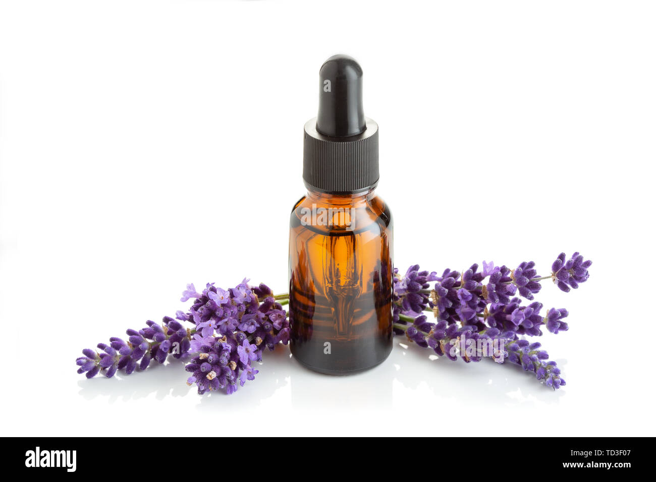 L'huile essentielle de lavande dans le flacon en verre avec compte-gouttes isolé sur fond blanc Banque D'Images