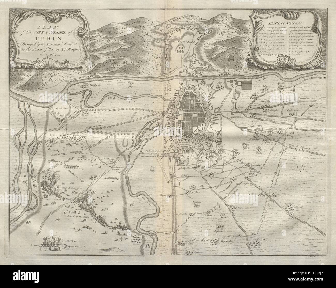 Plan de la ville et citadelle de Turin. 1706 État de Siège. L'Italie. DU BOSC 1736 Ancien site Banque D'Images