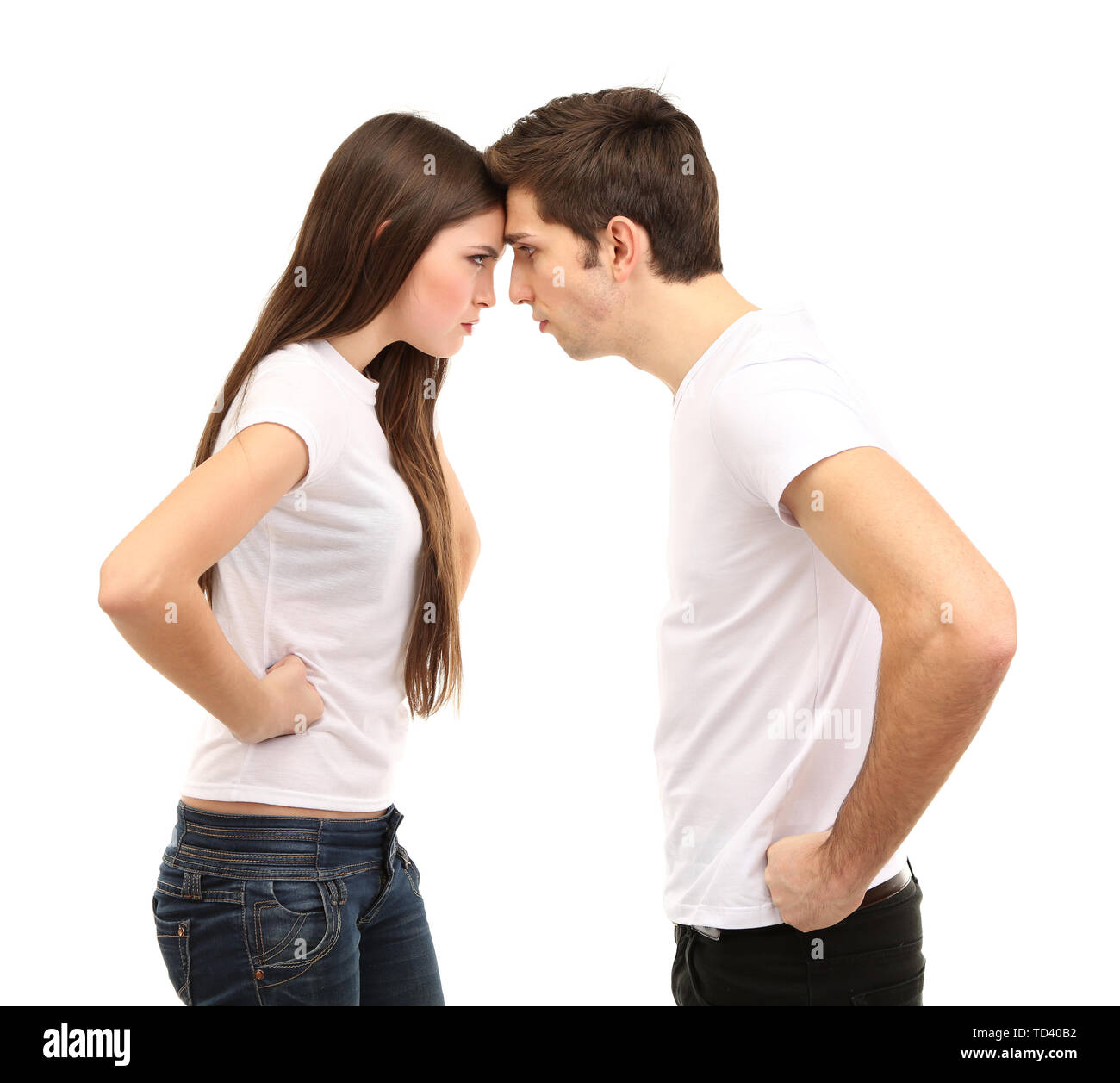 Jeune couple quarreling isolated on white Banque D'Images