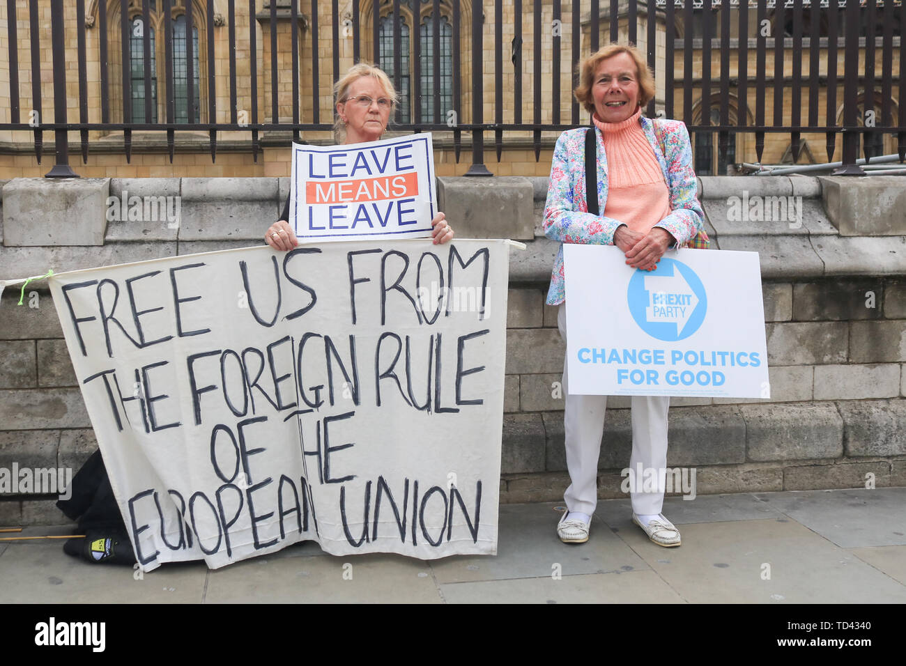 Les manifestants tenir une banderole et des pancartes lors de la manifestation. Brexit Manifestation devant les Chambres du Parlement, comme le parti conservateur fait l'objet d'une course à la direction de déicide pour un nouveau chef et premier ministre avec de fortes probabilités sur Pro Brexit Boris Johnson favori pour succéder à Theresa May. Banque D'Images