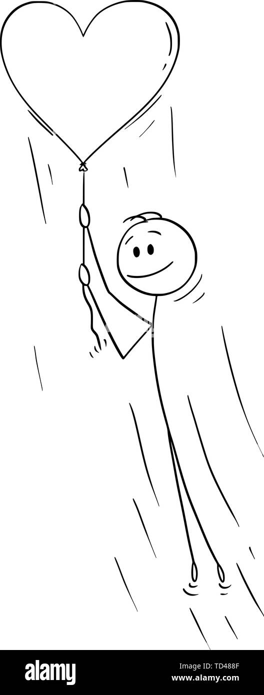 Vector cartoon stick figure dessin illustration conceptuelle de l'homme dans l'amour holding rope grand battant ballon coeur gonflable. Illustration de Vecteur
