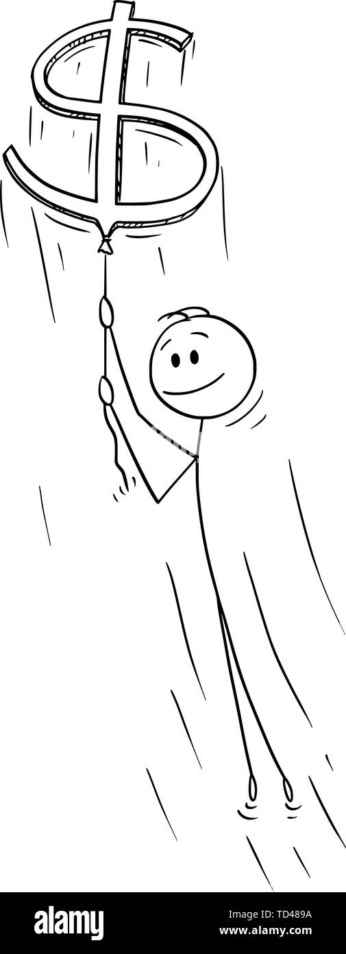 Vector cartoon stick figure dessin illustration conceptuelle de l'homme ou businessman holding rope de grand symbole de devise dollar vol en montgolfière. Concept d'entreprise de croissance. Illustration de Vecteur