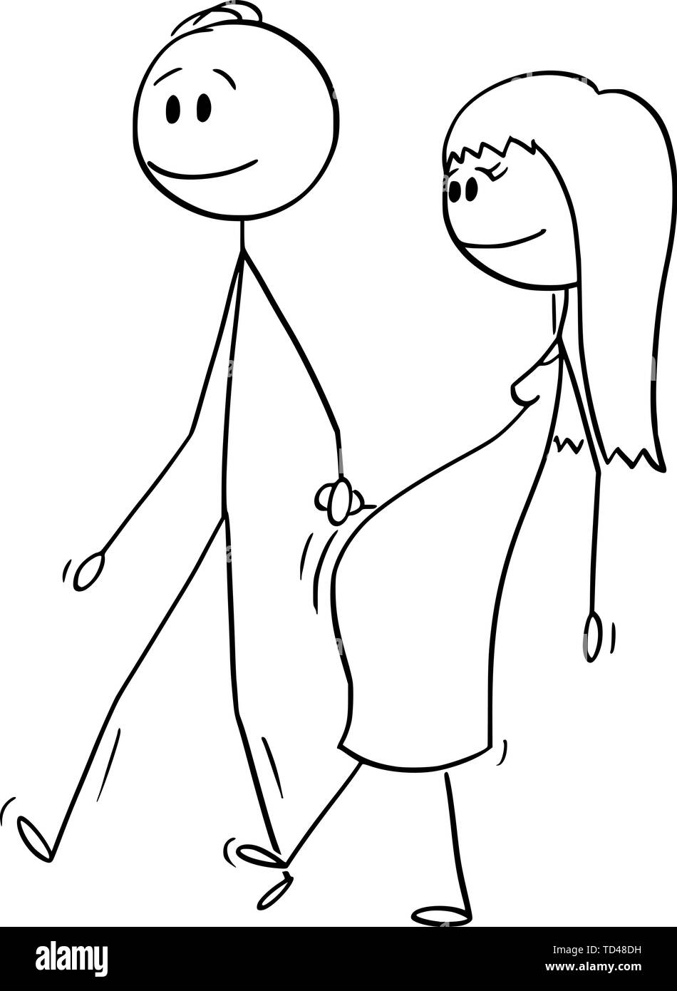 Vector cartoon stick figure dessin illustration conceptuelle du couple de l'homme et de la femme enceinte à marcher ensemble et tenir la main. Illustration de Vecteur