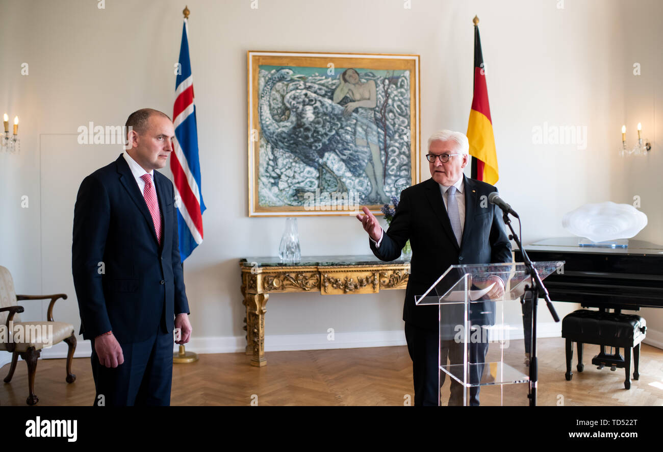 Reykjavik, Islande. 12 Juin, 2019. Président fédéral Frank-Walter Steinmeier (r) et Gudni Thorlacius Jóhannesson, Président de l'Islande, prendra la parole au cours d'une conférence de presse à l'issue de leurs entretiens à la résidence du Président. Président M. Steinmeier et son épouse sont sur une visite d'Etat de deux jours à l'Islande. Crédit : Bernd von Jutrczenka/dpa/Alamy Live News Banque D'Images