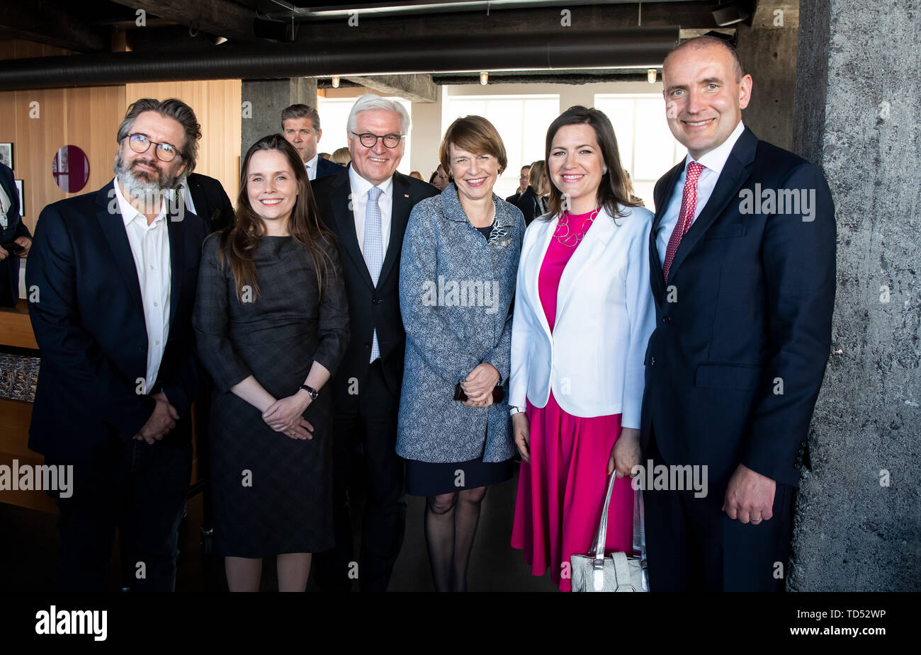 Reykjavik, Islande. 12 Juin, 2019. Président fédéral Frank-Walter Steinmeier (3e de gauche), son épouse Elke Büdenbender (3e à partir de la droite), Katrín Jakobsdóttir (2e de gauche), premier ministre d'Islande, Gudni Thorlacius Johannesson (r), Président de l'Islande, et sa femme Eliza Reid (2e à partir de la droite) sera dirigé par l'artiste 'lafur Eliasson (l) grâce à son studio de la Marshall House. Président M. Steinmeier et son épouse sont sur une visite d'Etat de deux jours à l'Islande. Crédit : Bernd von Jutrczenka/dpa/Alamy Live News Banque D'Images
