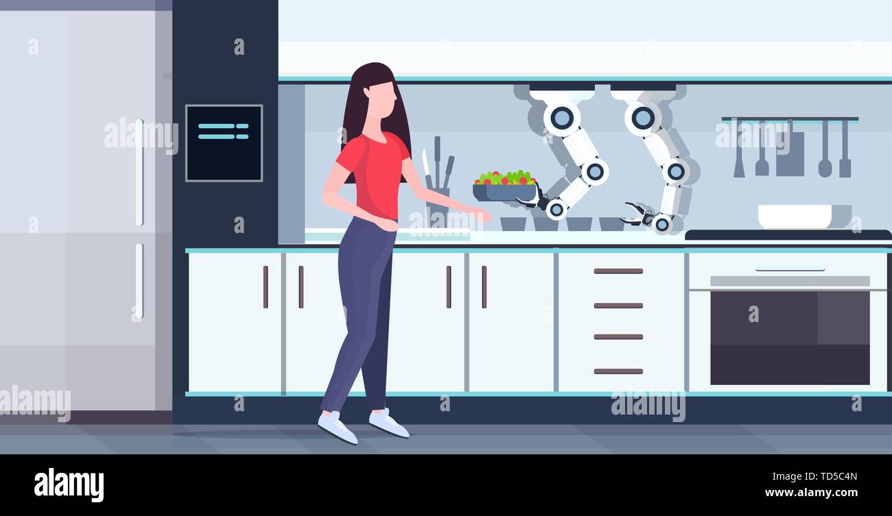 Woman preparing food avec smart robot chef pratique holding fresh cuisine salade concept assistant robotique automatisation Innovation, technologie artificial Illustration de Vecteur