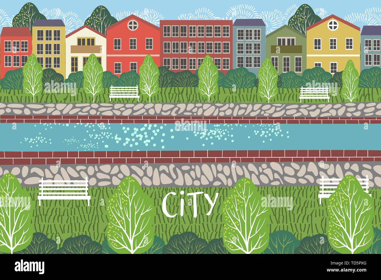 La rue piétonne. Cute vector illustration Paysage avec rivière, bâtiments, maisons et arbres. Dessin de la scène urbaine Illustration de Vecteur