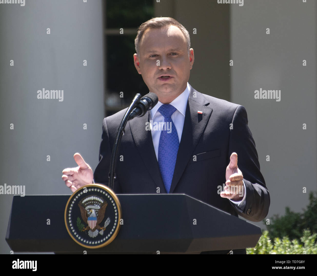 Washington DC, USA. 12 Juin, 2019. Le Président Andrzej Duda de la République de Pologne, fait les commentaires comme il et le Président des Etats-Unis, Donald J. Trump procéder à une conférence de presse conjointe dans la roseraie de la Maison Blanche à Washington, DC le mercredi 12 juin, 2019. Credit : Ron Sachs/CNP Crédit : Ron Sachs/CNP/ZUMA/Alamy Fil Live News Banque D'Images