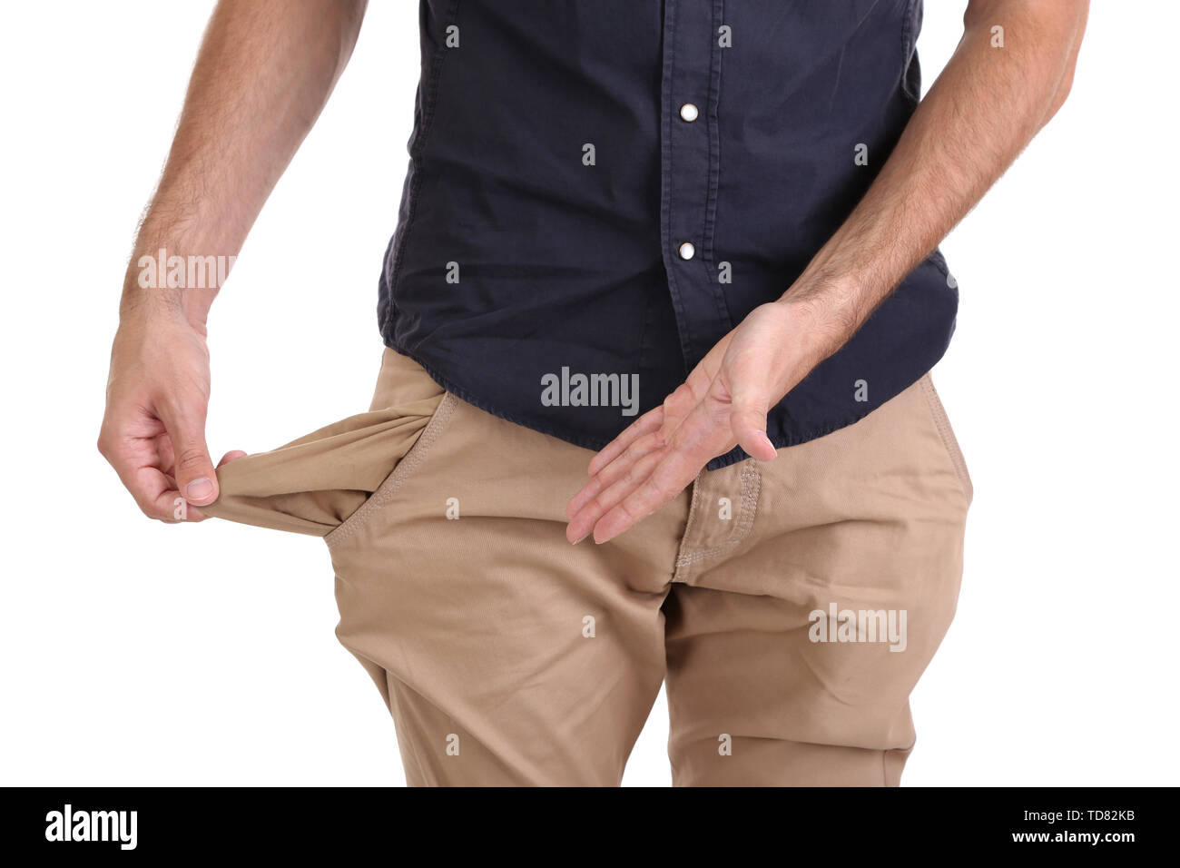 Man showing his vide poche, isolated on white Banque D'Images