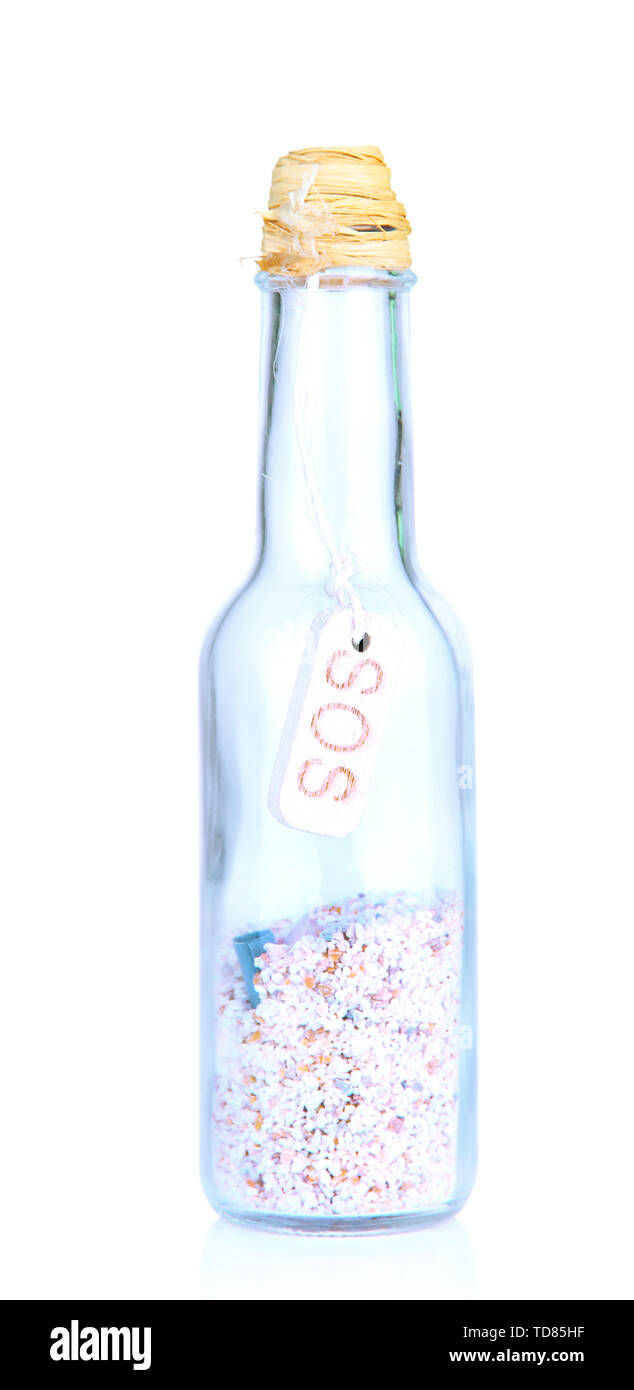 Bouteille de verre avec remarque à l'intérieur sur isolated on white Banque D'Images