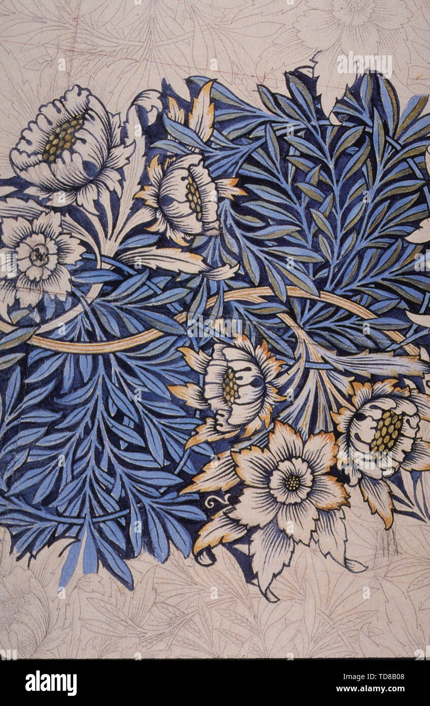 William Morris - Design Tulip Willow Wood Block Décharge Indigo tissu imprimé 1873 Banque D'Images