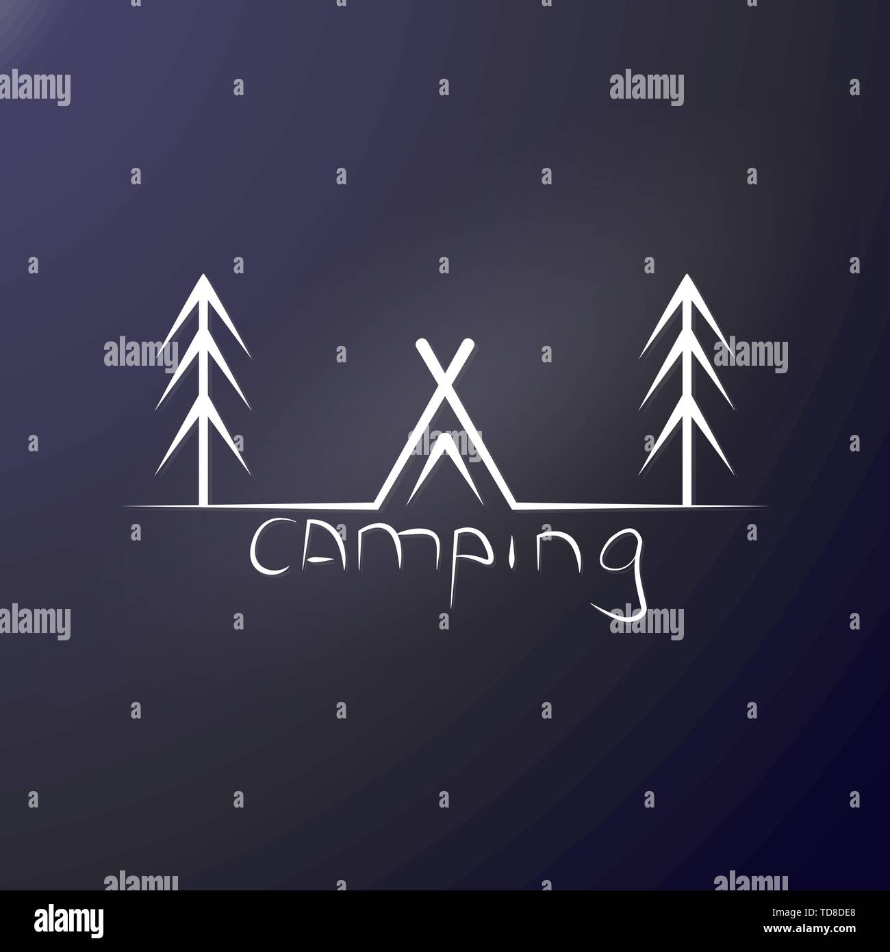 Camp dans la forêt. Tente parmi les pins et l'inscription au camping. Stamp ou logo pour les voyageurs. Wild reste parmi les arbres. Autocollant extérieur ou imprimer Illustration de Vecteur