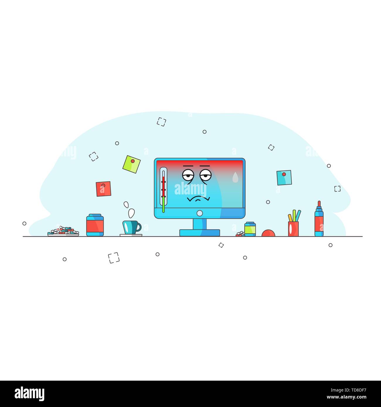 L'ordinateur est en surchauffe. Ventilation Funny cartoon caractère calculateur avec chaleur et un thermomètre. Les malades et les médicaments. Plateau et des pilules. Besoin d'aide. Vector Illustration de Vecteur