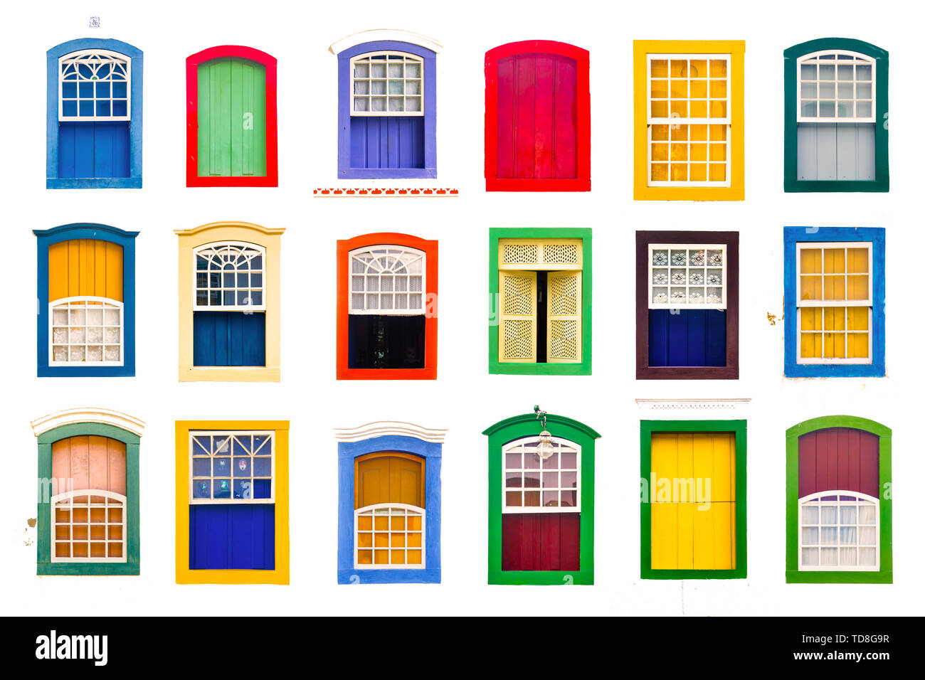Collage de fenêtres en bois vintage rustique coloré Banque D'Images