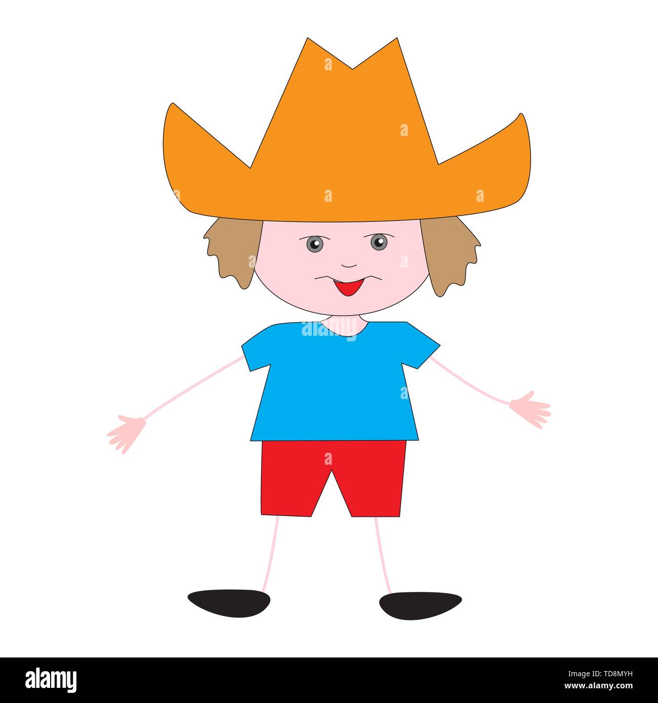 Funny boy avec un bête sur son visage dans un chapeau orange. Illustration de Vecteur