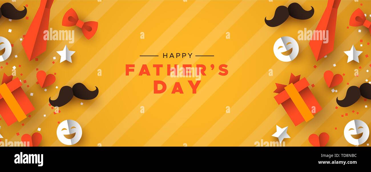Le jour de père heureux de bannière web papa spécial vacances. 3D icônes de la barre de coupe, moustache, de cadeaux et de plus sur un fond de couleur orange. Illustration de Vecteur