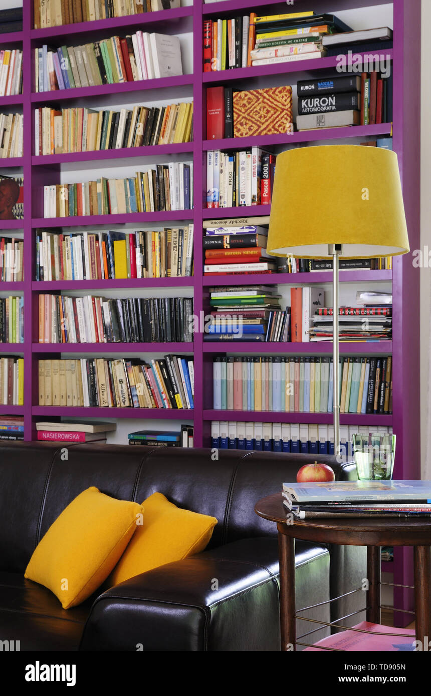 Canapé en cuir noir en face de la bibliothèque de l'homme britannique et irlandais seulement Banque D'Images