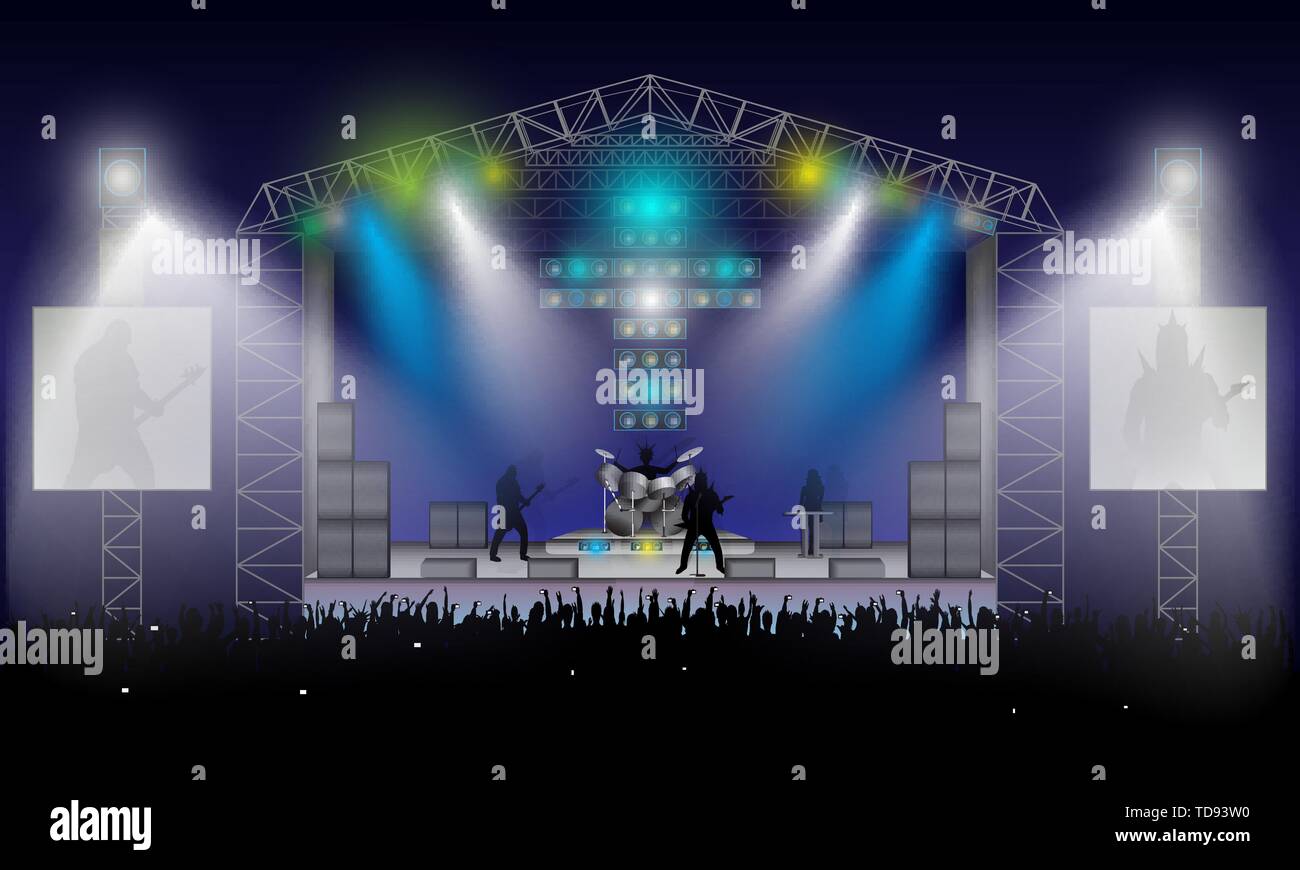 Les silhouettes des musiciens de rock : le rythme et la guitare solo, le bassiste, batteur et fille à claviers. Ouvrir l'air. Foule en vertu de l'étape. Ciel bleu nuit Illustration de Vecteur