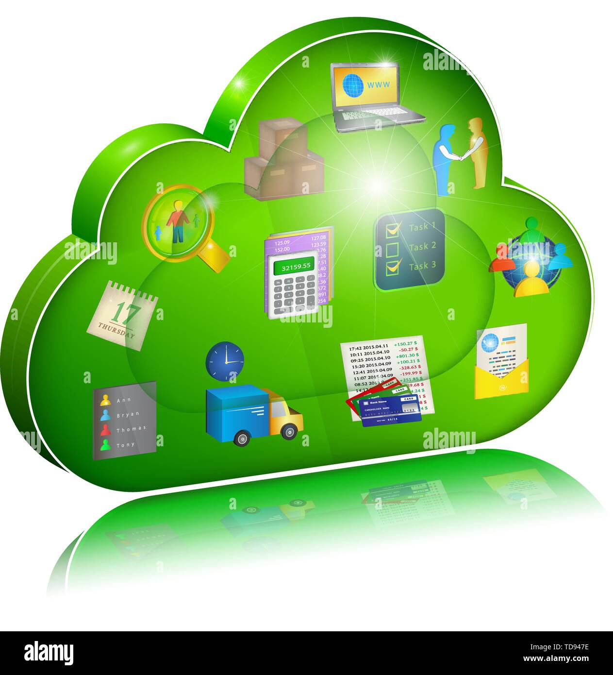 Icônes des processus d'affaires en nuage vert : comptabilité,voyage ...