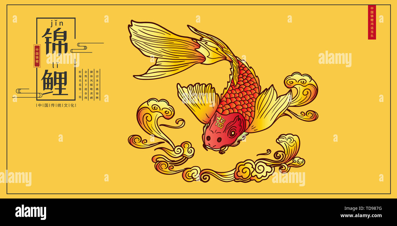 Koi chinoise jie fu bonne chance dans la tête, la culture traditionnelle chinoise illustration de l'affiche de l'arrière-plan Banque D'Images