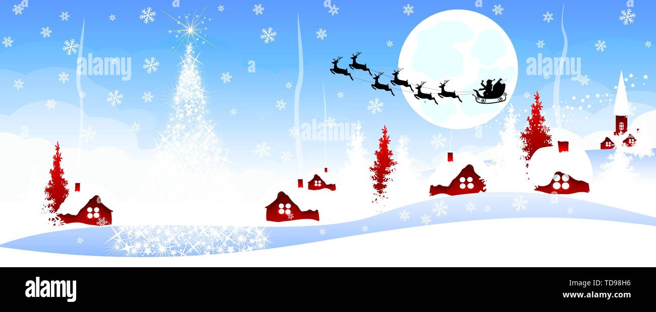 Bannière de Noël. Scène de nuit de Noël au village sur un fond bleu. Village en hiver. Illustration de Vecteur