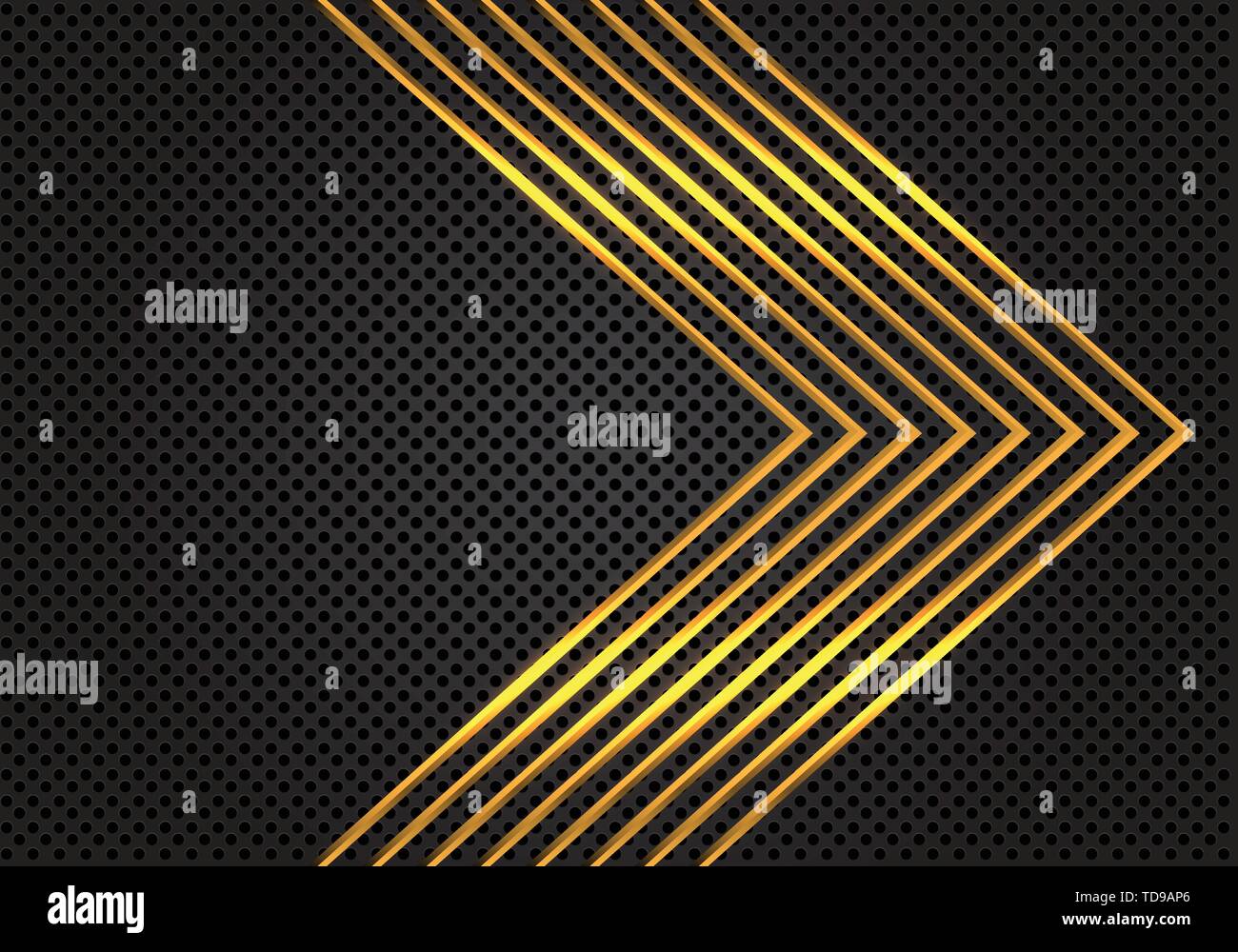 Résumé des lignes d'or motif flèche direction brillant gris foncé treillis sur cercle design luxe moderne futuristic background vector illustration. Illustration de Vecteur