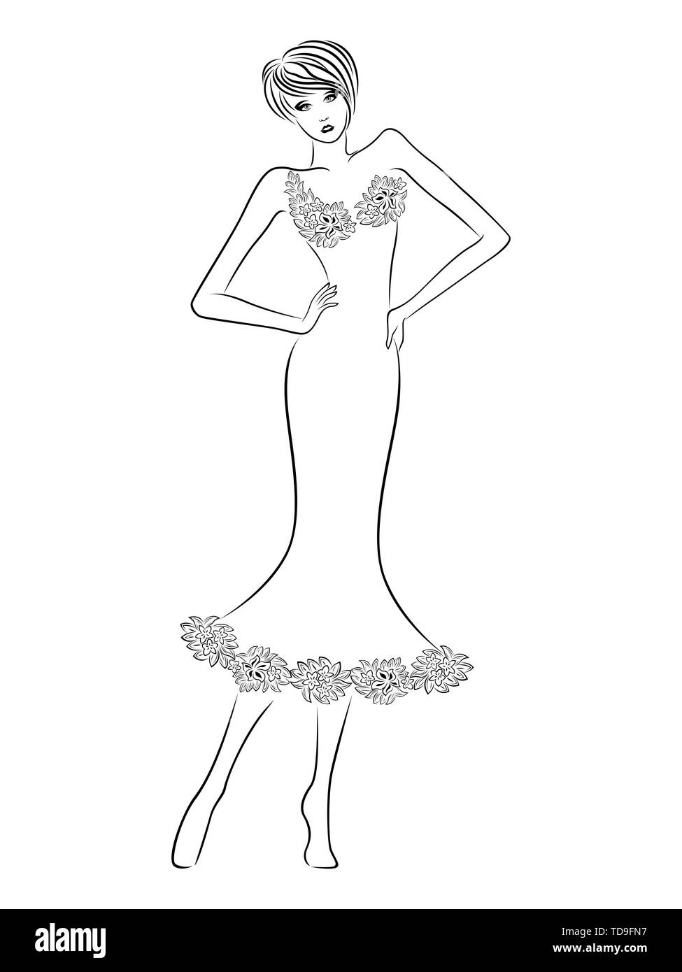 Femme gracieuse avec slim figure en robe élégante isolé sur le fond blanc, dessin à la main contour vectoriel Illustration de Vecteur