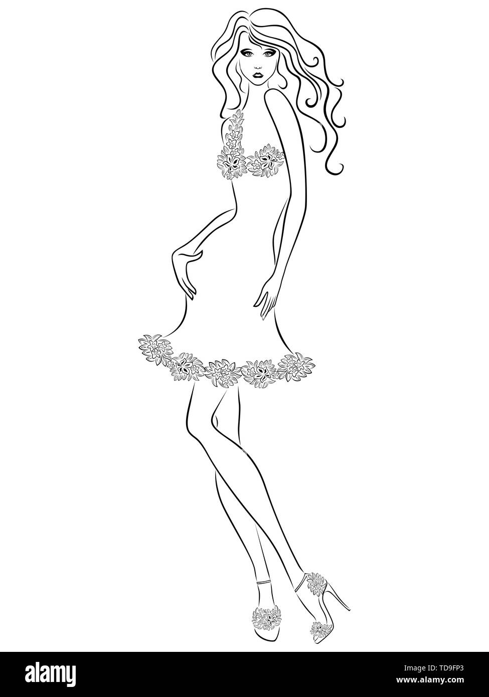 Ð¡nuire à femme avec slim figure en robe élégante isolé sur le fond blanc, dessin à la main contour vectoriel Illustration de Vecteur