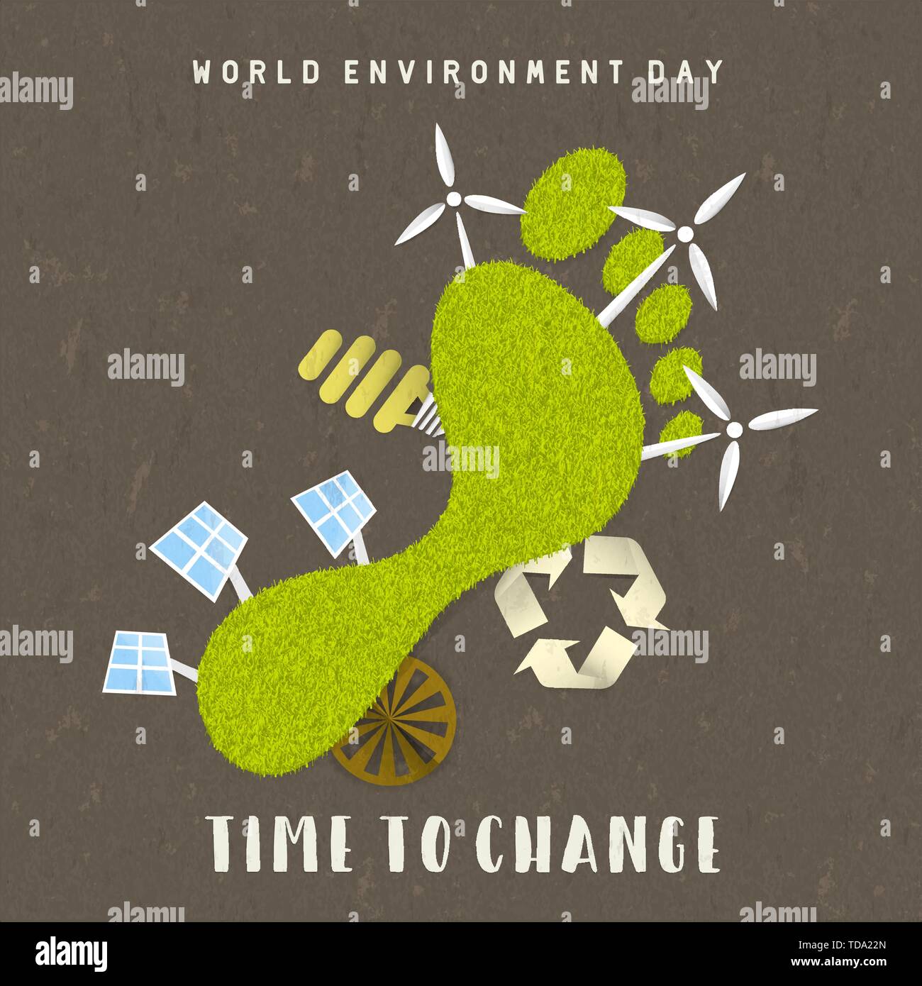 Illustration de la Journée mondiale de l'environnement pour l'énergie verte concept. L'empreinte humaine avec des panneaux solaires et éoliennes. Illustration de Vecteur