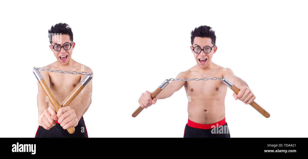 Mec drôle avec nunchucks on white Banque D'Images