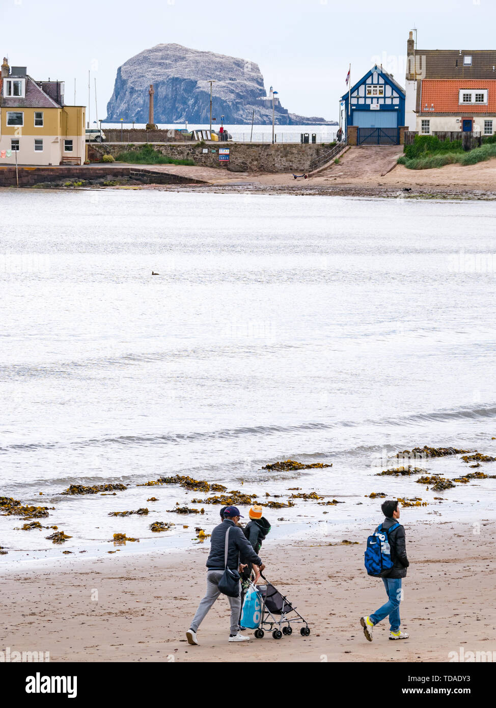 North Berwick, East Lothian, Ecosse, Royaume-Uni. 14 Juin, 2019. Une famille marche sur West Bay Beach avec Bass Rock colonie de fou de bassan et station de sauvetage de la RNLI et cale Banque D'Images