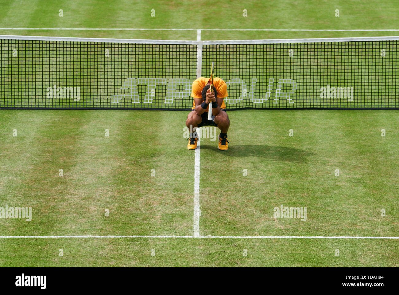 Stuttgart, Allemagne. 14 Juin, 2019. Felix AUGER-ALIASSIME (FRA) montre des émotions dans son match contre Dustin BROWN (GER) à l'ATP Tennis Mercedes Cup sur l'herbe à Stuttgart, le 14 juin 2019. Felix AUGER-ALIASSIME (FRA) a gagné 7-6, 6-7, 7-6 Crédit : Peter Schatz/Alamy Live News Banque D'Images