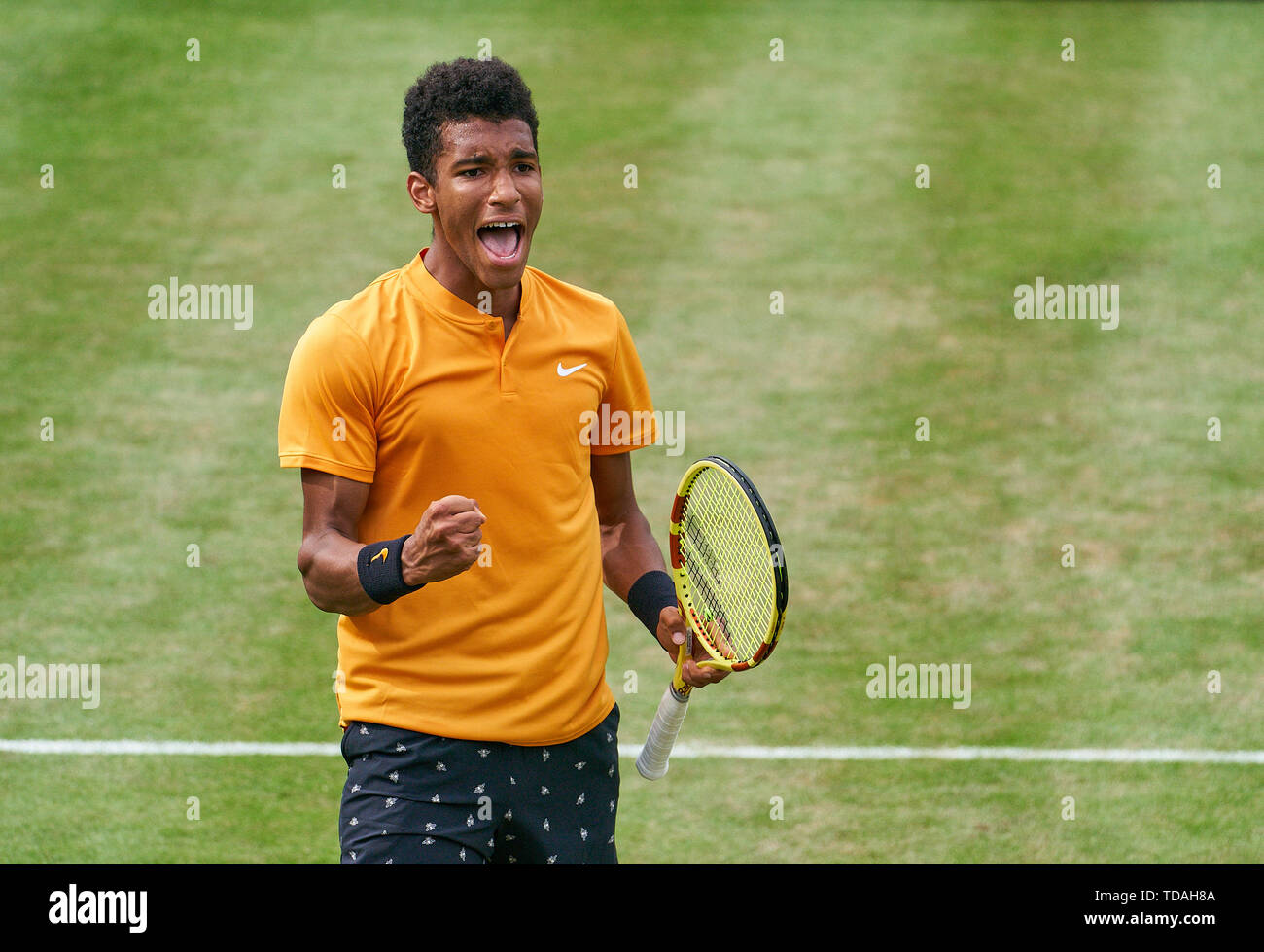 Stuttgart, Allemagne. 14 Juin, 2019. Felix AUGER-ALIASSIME (FRA) célébrer dans son match contre Dustin BROWN (GER) à l'ATP Tennis Mercedes Cup sur l'herbe à Stuttgart, le 14 juin 2019. Felix AUGER-ALIASSIME (FRA) a gagné 7-6, 6-7, 7-6 Crédit : Peter Schatz/Alamy Live News Banque D'Images
