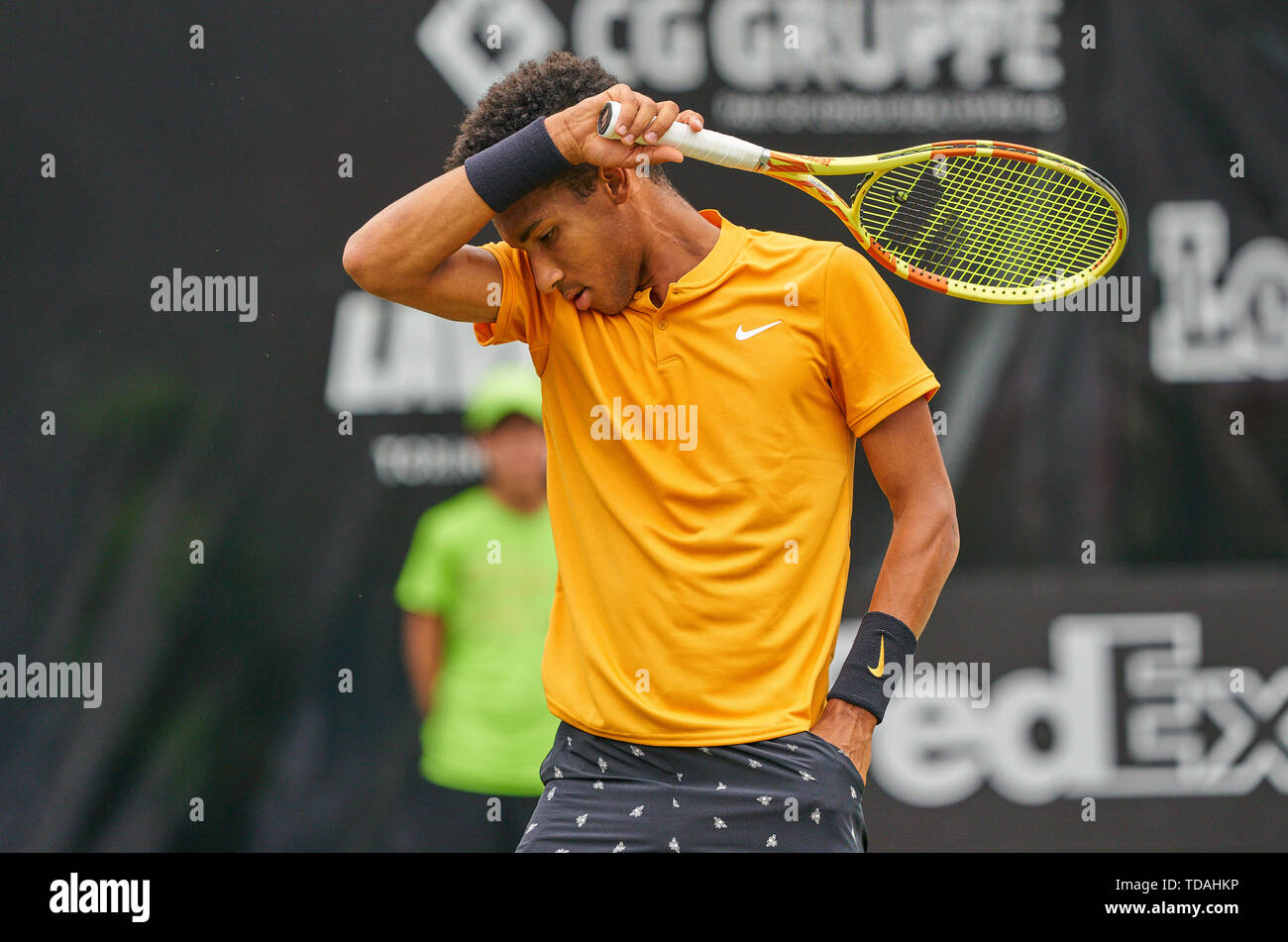 Stuttgart, Allemagne. 14 Juin, 2019. Felix AUGER-ALIASSIME (FRA) en action dans son match contre Dustin BROWN (GER) à l'ATP Tennis Mercedes Cup sur l'herbe à Stuttgart, le 14 juin 2019. Felix AUGER-ALIASSIME (FRA) a gagné 7-6, 6-7, 7-6 Crédit : Peter Schatz/Alamy Live News Banque D'Images