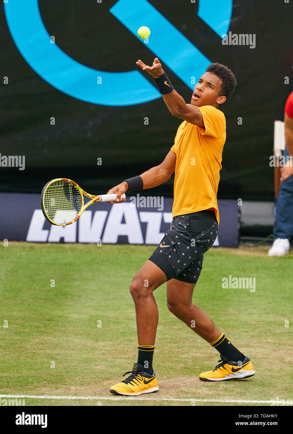 Stuttgart, Allemagne. 14 Juin, 2019. Felix AUGER-ALIASSIME (FRA) en action dans son match contre Dustin BROWN (GER) à l'ATP Tennis Mercedes Cup sur l'herbe à Stuttgart, le 14 juin 2019. Felix AUGER-ALIASSIME (FRA) a gagné 7-6, 6-7, 7-6 Crédit : Peter Schatz/Alamy Live News Banque D'Images