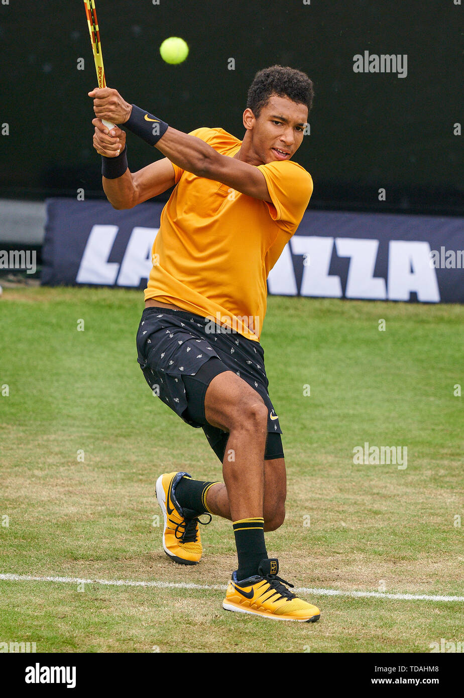 Stuttgart, Allemagne. 14 Juin, 2019. Felix AUGER-ALIASSIME (FRA) en action dans son match contre Dustin BROWN (GER) à l'ATP Tennis Mercedes Cup sur l'herbe à Stuttgart, le 14 juin 2019. Felix AUGER-ALIASSIME (FRA) a gagné 7-6, 6-7, 7-6 Crédit : Peter Schatz/Alamy Live News Banque D'Images