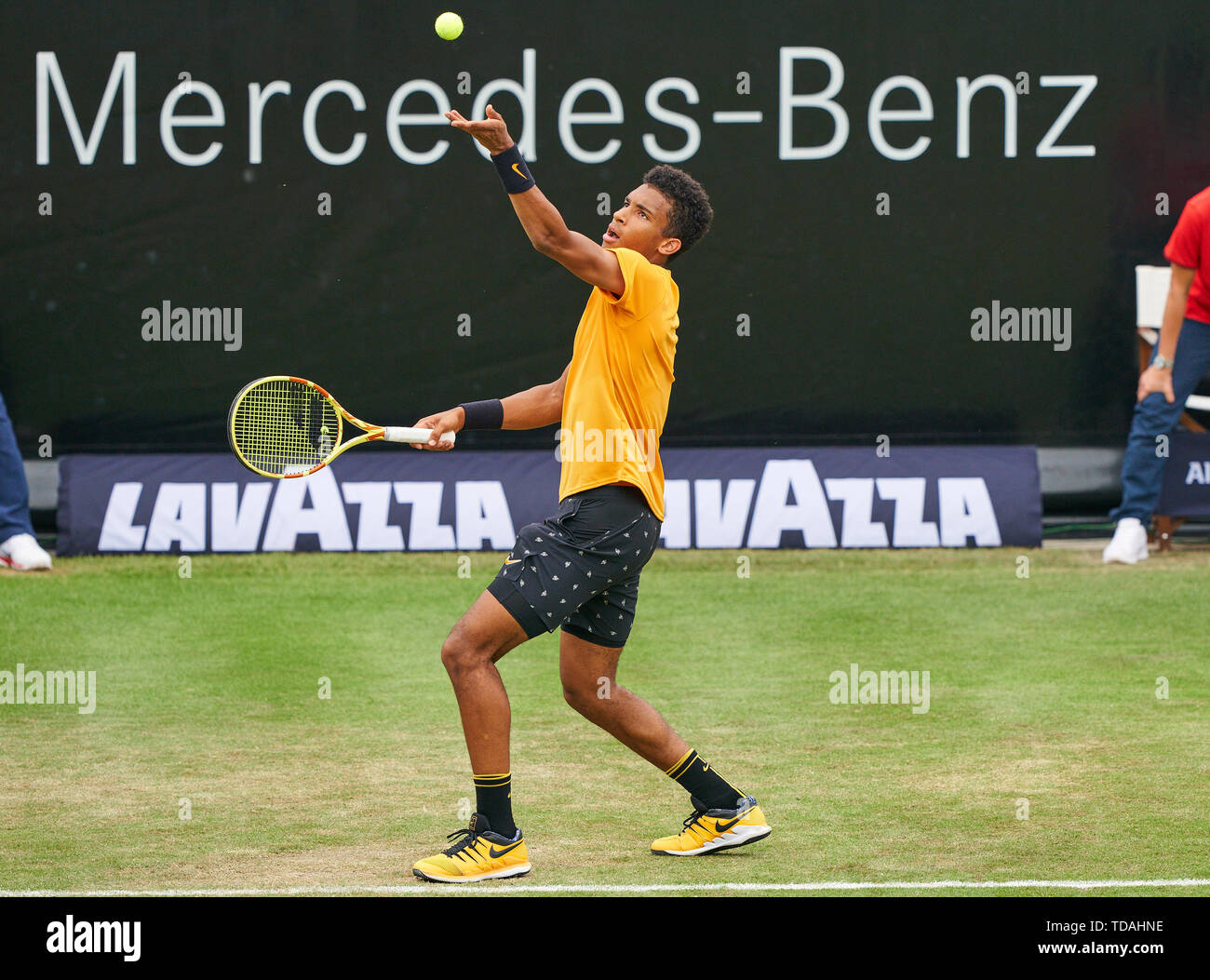 Stuttgart, Allemagne. 14 Juin, 2019. Felix AUGER-ALIASSIME (FRA) en action dans son match contre Dustin BROWN (GER) à l'ATP Tennis Mercedes Cup sur l'herbe à Stuttgart, le 14 juin 2019. Felix AUGER-ALIASSIME (FRA) a gagné 7-6, 6-7, 7-6 Crédit : Peter Schatz/Alamy Live News Banque D'Images